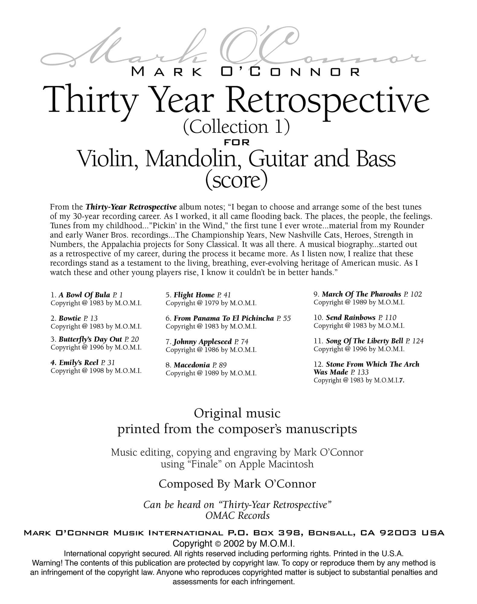 O'Connor - 30-Year Retrospective Coll. 1 for Violin, Mandolin, Guitar, & Bass - Score - Dig. DL