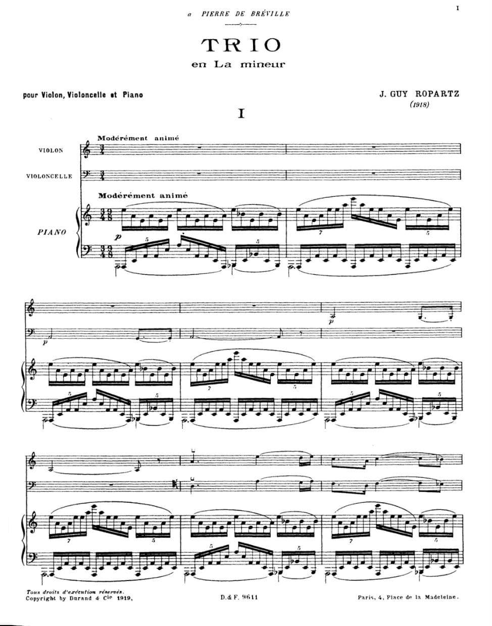 Ropartz, J Guy - Trio in a minor (1918) - Violin, Cello, and Piano - Lauren Publications