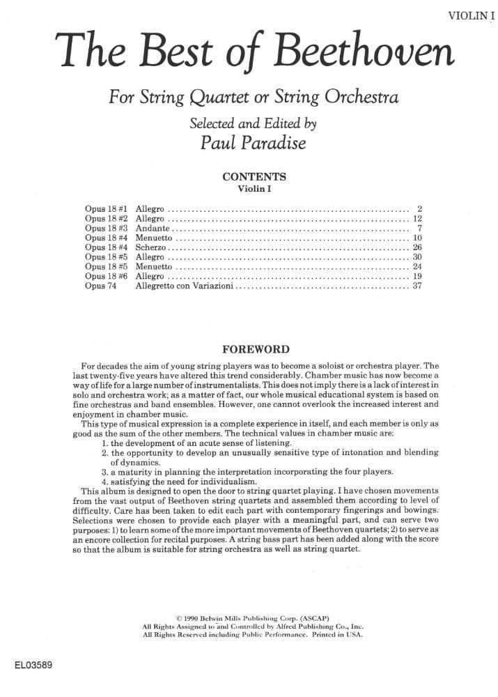 Beethoven, Ludwig - The Best of Beethoven - for String Quartet or String Orchestra - Violin 1 part - edited by Paul Paradise - Belwin-Mills Publishing