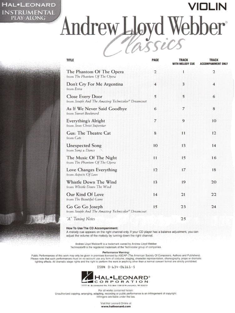 Andrew Lloyd Webber Classics for Violin with CD Accompaniment - Hal Leonard Edition