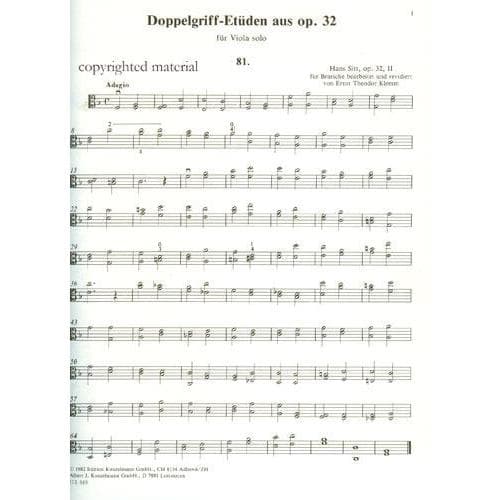 Sitt, Hans - 20 Double Stop Etudes From Op 32 For Viola Solo Edition Kunzelmann