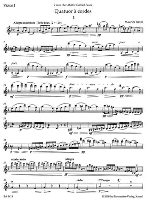 Ravel, Maurice - String Quartet in F Major - Two Violins, Viola, and Cello - Parts - edited by Juliette Appold - Bärenreiter Verlag URTEXT