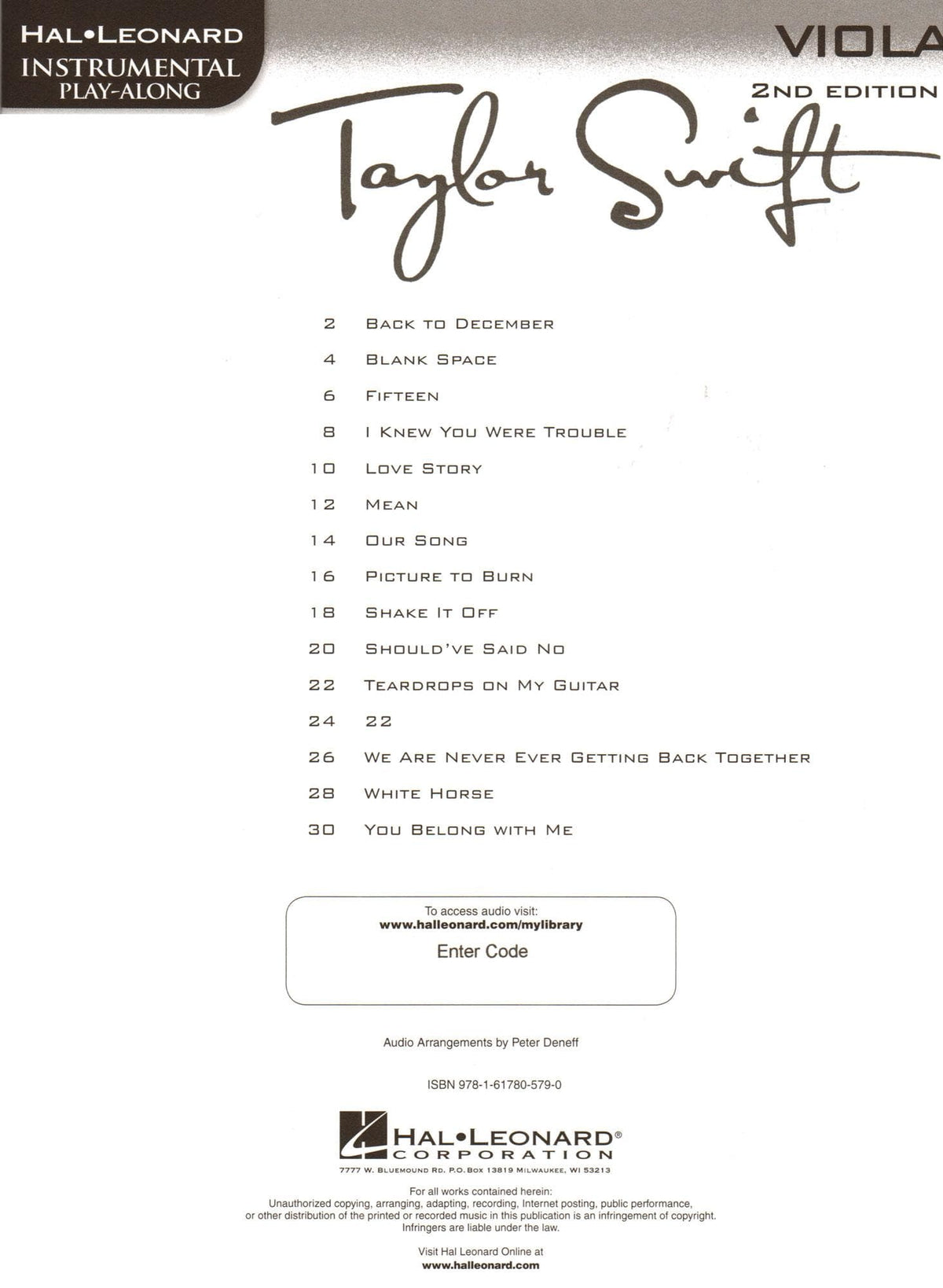 Taylor Swift Instrumental Play-Along - 2nd Edition - for Viola with Audio Accompaniment - Hal Leonard