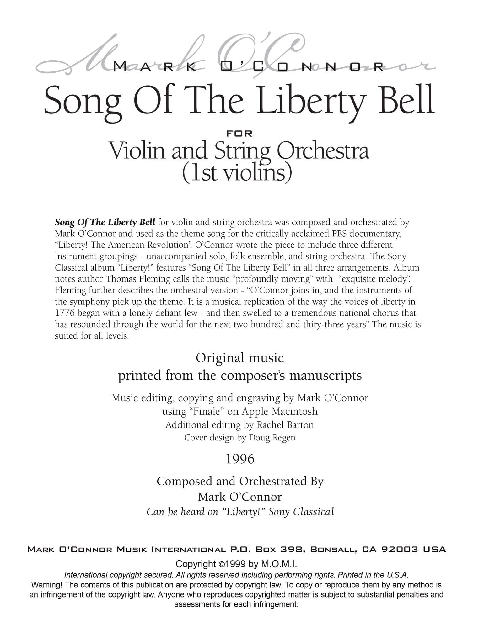 O'Connor, Mark - Song Of The Liberty Bell for Violin and String Orchestra - String Parts - Digital Download