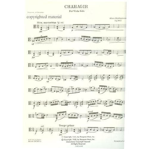 Hovhaness, Alan - Chahgir, Op 56A - Viola Solo - Rongwen Music, Inc