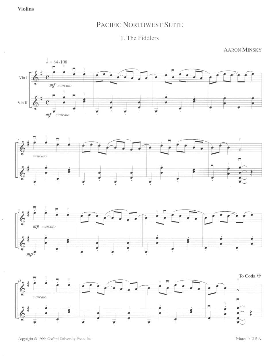 Minsky, Aaron - Pacific Northwest Suite - Violin parts 1 & 2 - Flexible Scoring* - Oxford University Press