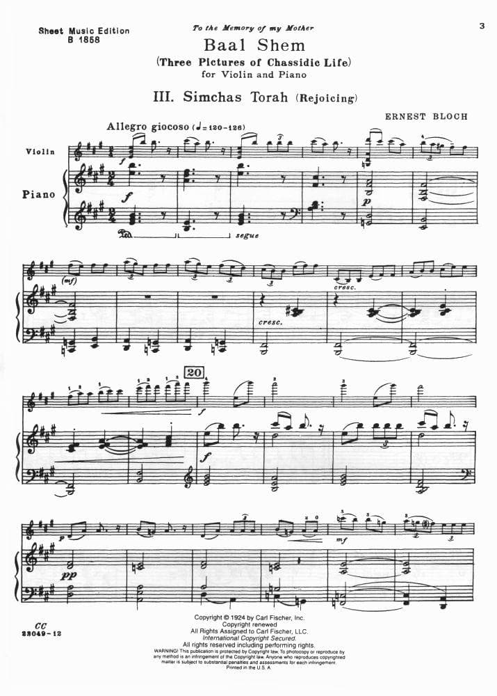 Bloch, Ernest - Simchas Torah (Rejoicing) No 3 from "Baal Shem" (Three Pictures of Chassidic Life) for Violin with Piano Accompaniment - Fischer Edition