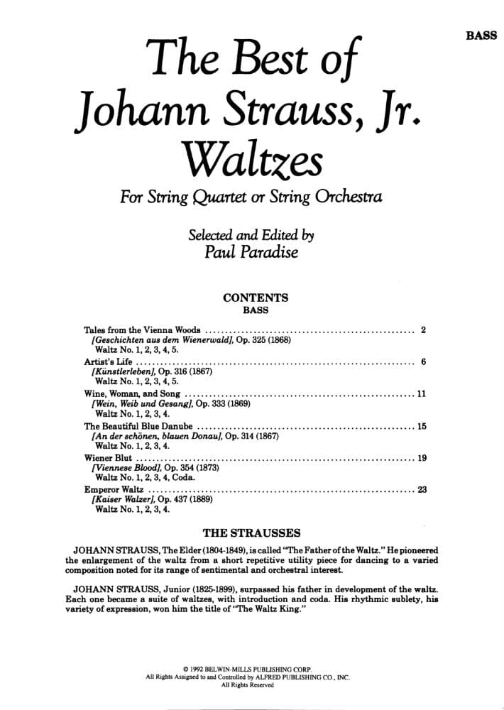 Strauss, Johann Jr - The Best of Johann Strauss, Jr - for String Quartet or String Orchestra - Bass part - edited by Paul Paradise - Belwin-Mills Publishing