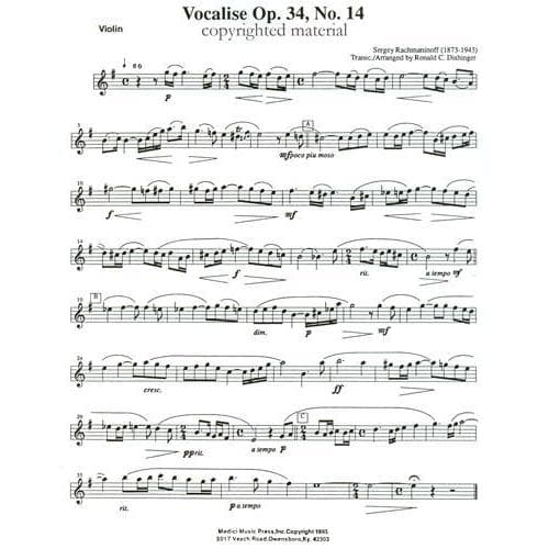 Rachmaninov, Sergey - Vocalise Op 34 No 14 - Violin and Piano - edited by Ronald C Dishinger - published by Medici Music Press