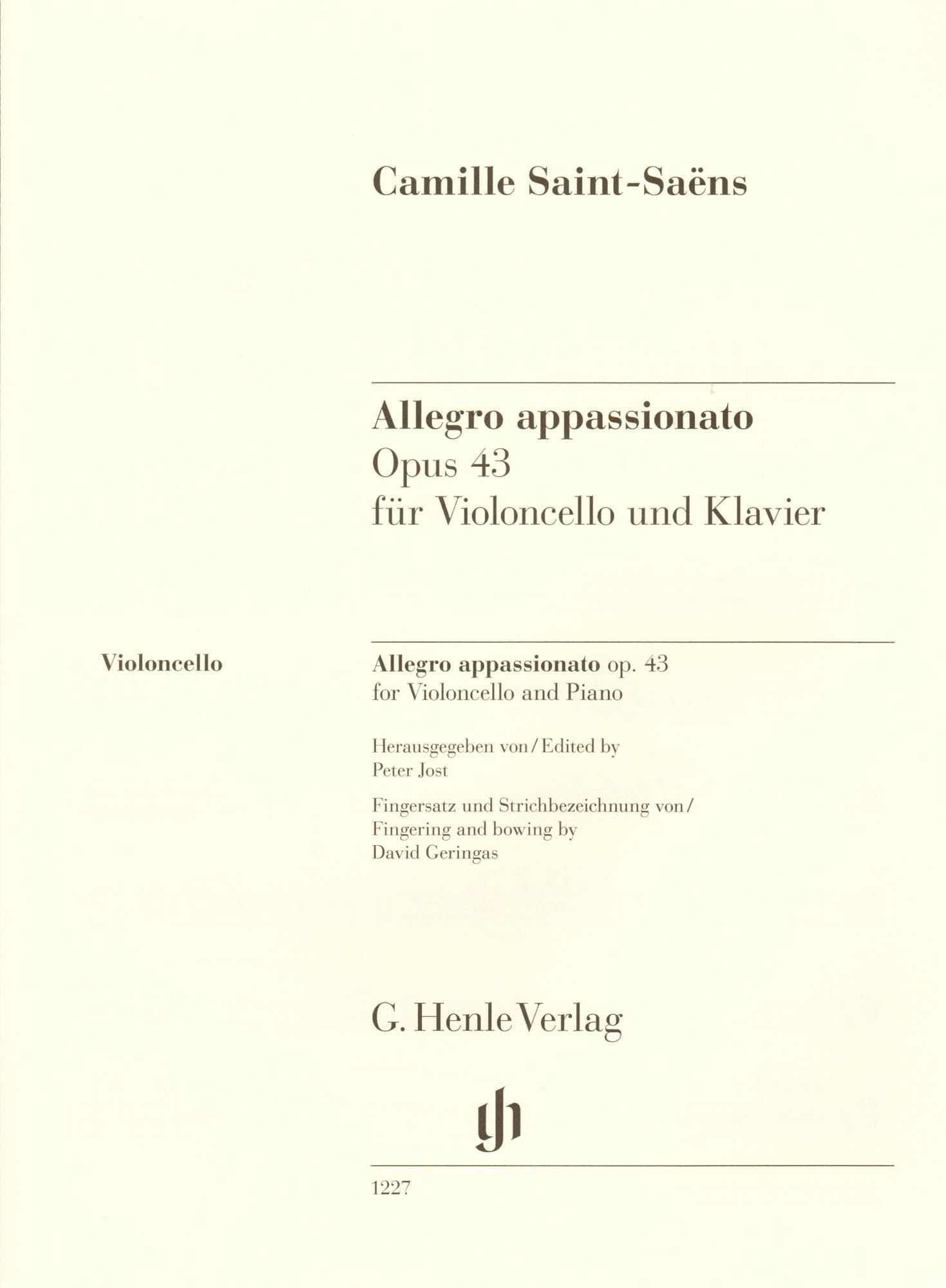 Saint-Saëns, Camille - Allegro Appassionato, Opus 43 - for Cello and Piano - edited by Jost and Geringas - G. Henle Verlag URTEXT