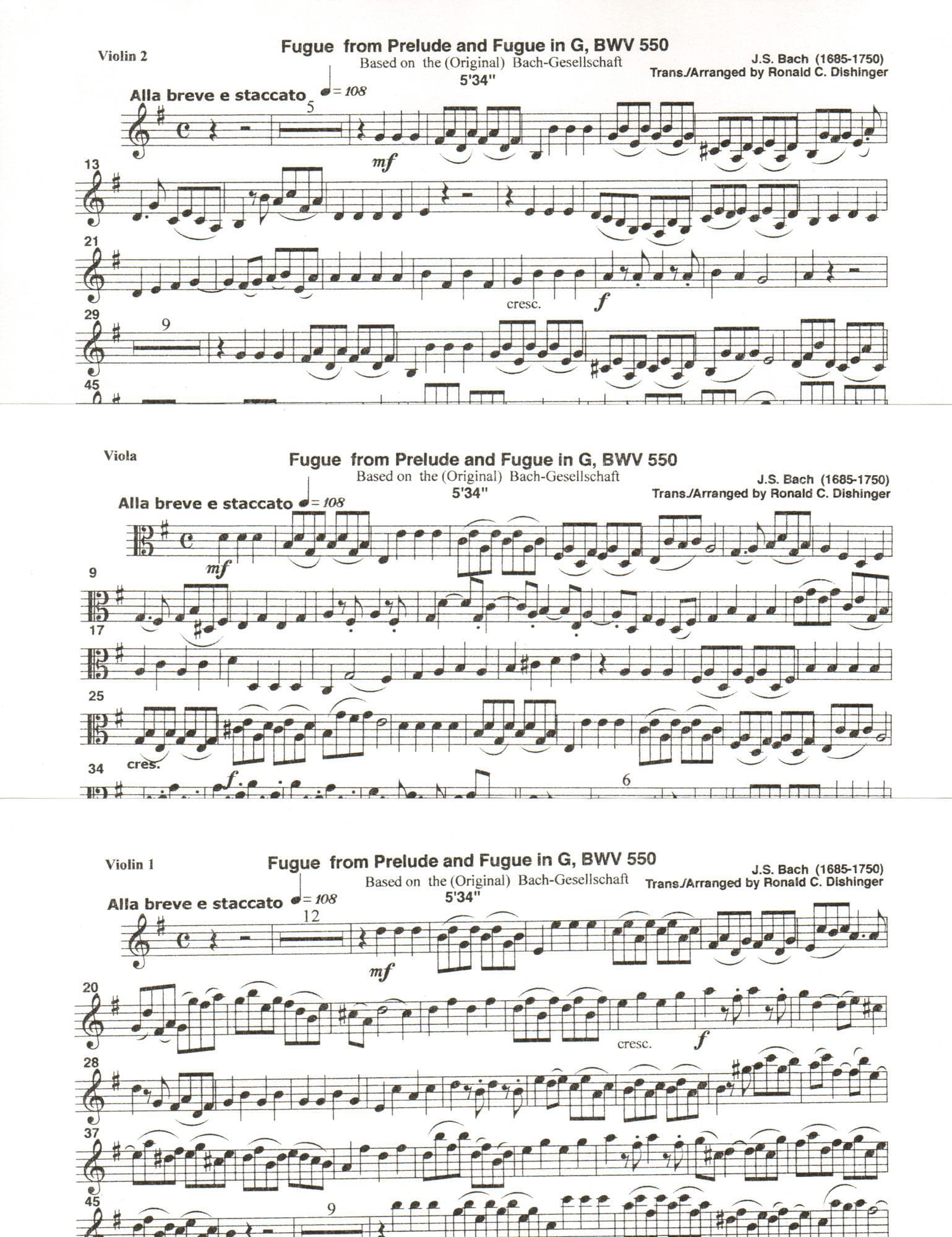 Bach, J.S. - Fugue from Prelude and Fugue in G (BWV 550) - for Two Violins and Viola - arranged by Dishinger - Medici Music Press