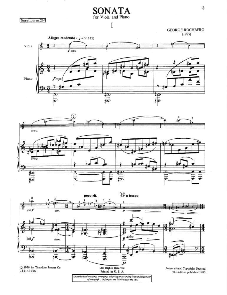 Rochberg, George - Sonata ( 1979 ) For Viola and Piano Published by Theodore Presser Company