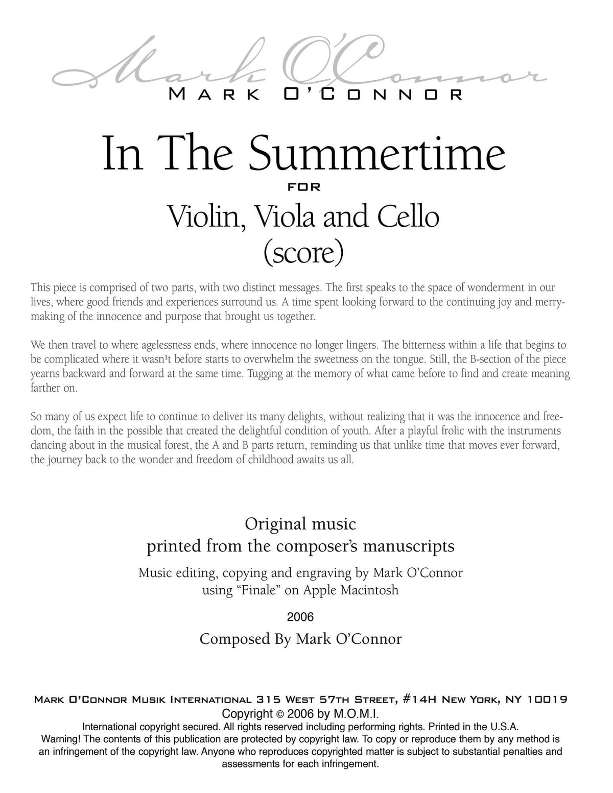 O'Connor, Mark - In the Summertime for Violin, Viola, and Cello - Score - Digital Download