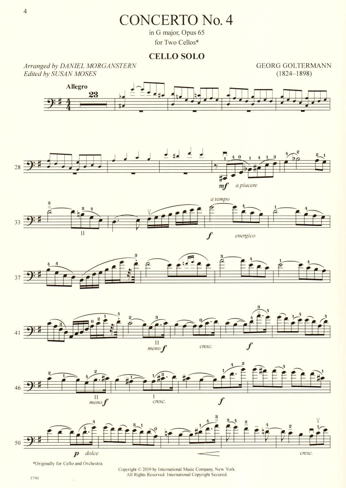 Goltermann, G. - Concerto No. 4 in G Major, Op. 65 - For Cello (with Optional Cello Accompaniment) - edited by Daniel Morganstern and Susan Moses - International Edition