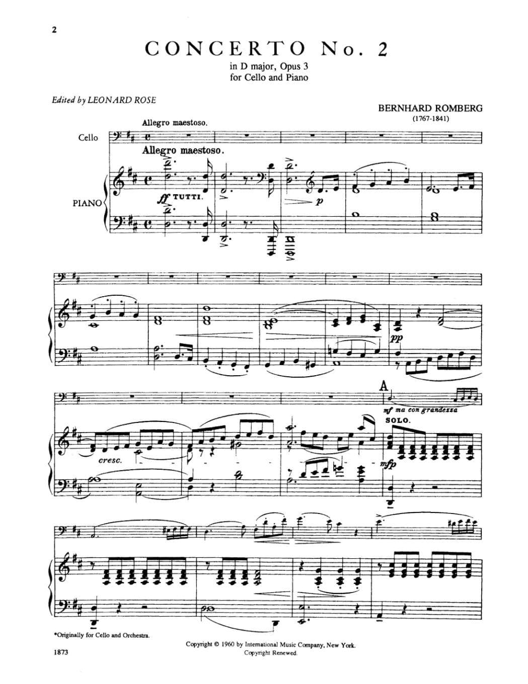 Romberg - Concerto No 2 In D Major, Op 3 For Cello and piano Edited by Leonard Rose Published by International Music Company