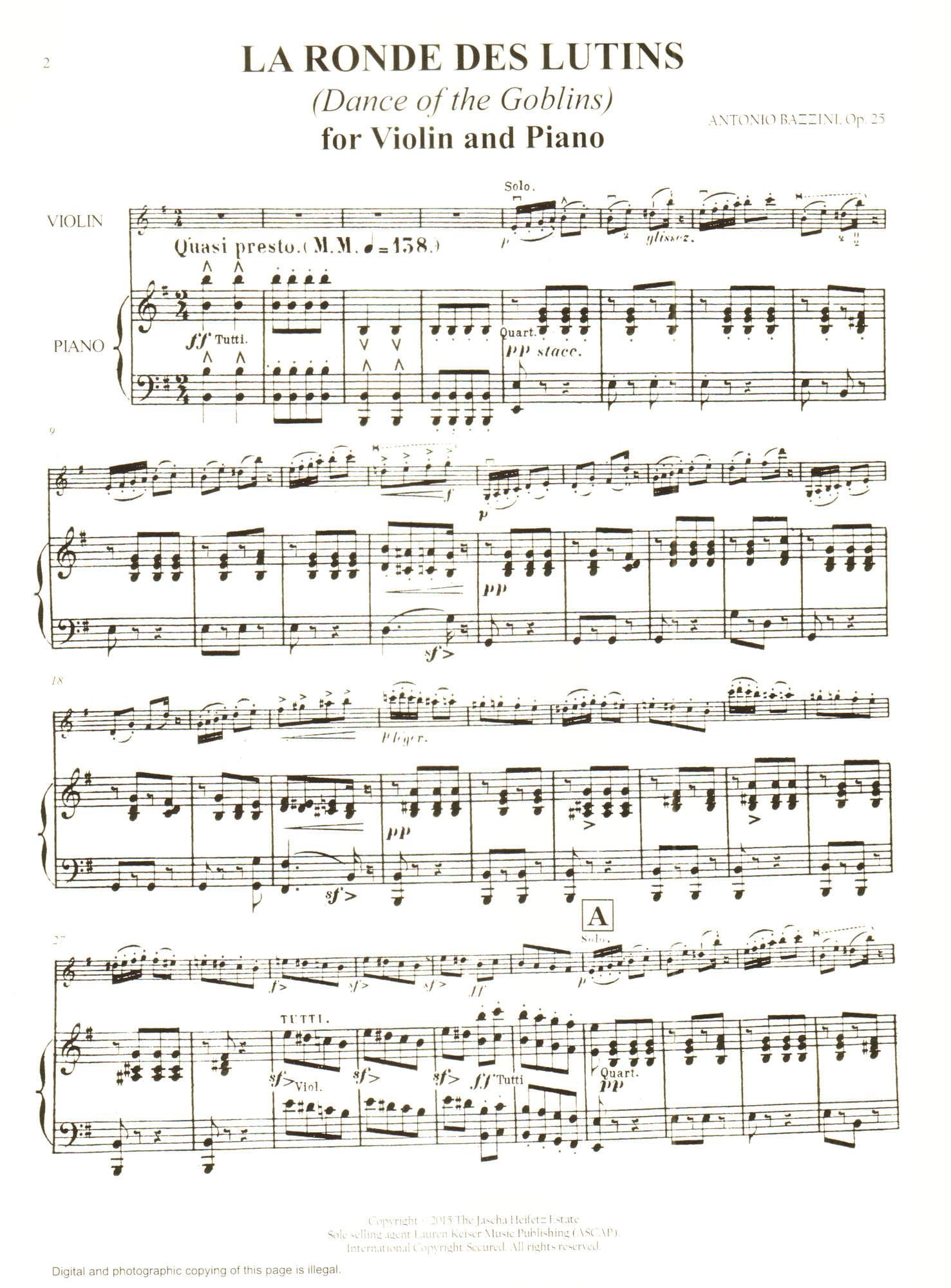 Bazzini, Antonio - La Ronde des Lutins (Dance of the Goblins), Op. 25 - for Violin and Piano - edited by Endre Granat - Heifetz Collection