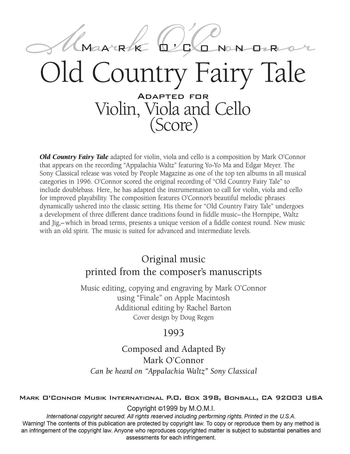 O'Connor, Mark - Old Country Fairy Tale for Violin, Viola, and Cello - Score - Digital Download