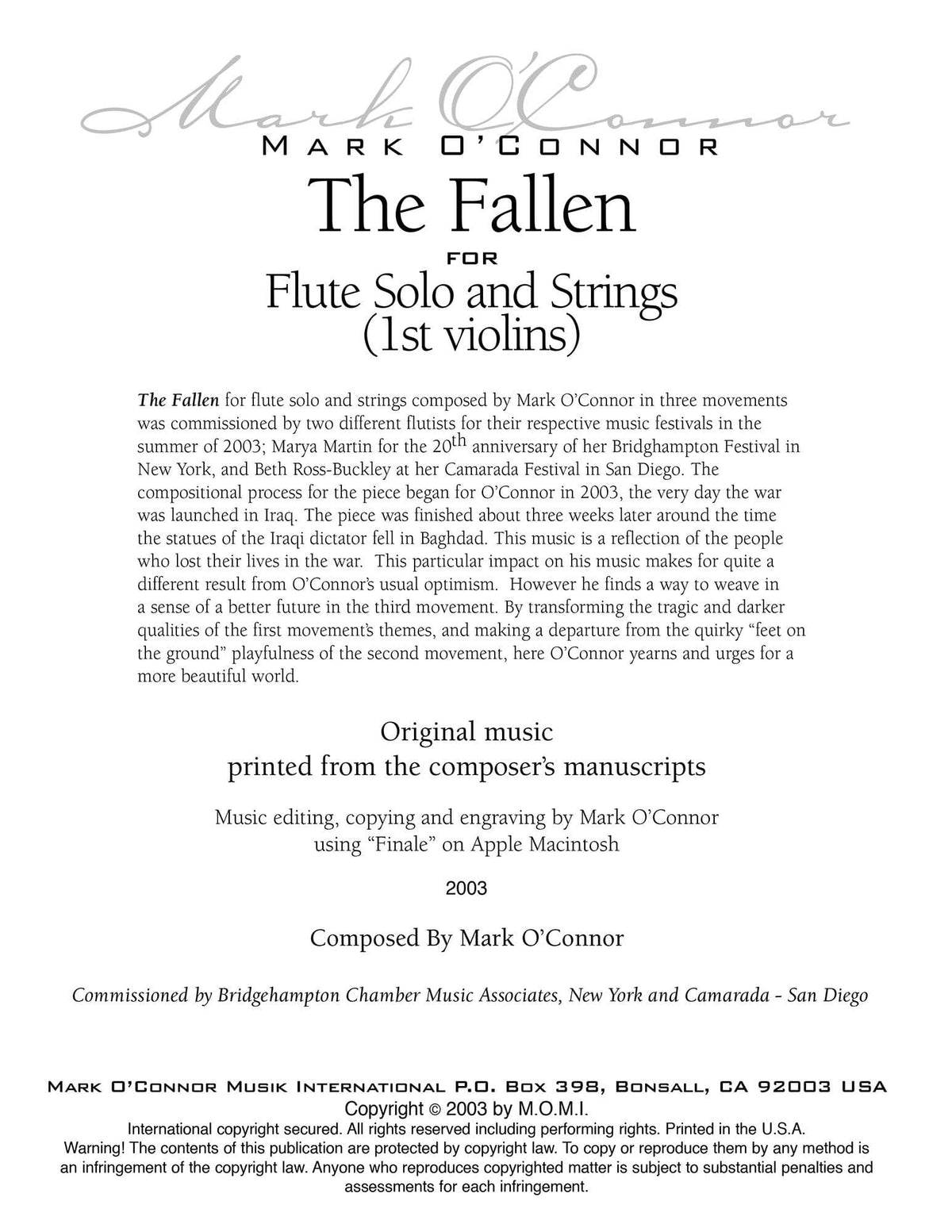 O'Connor, Mark - The Fallen for Flute and Strings - 1st Violins - Digital Download