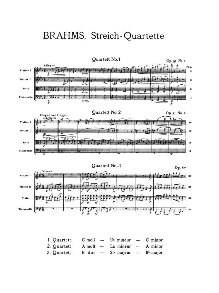 Brahms, Johannes - 3 Quartets Op 51 and 67 for Two Violins, Viola and Cello - Arranged by the  Gewandhaus Quartet - Peters Edition