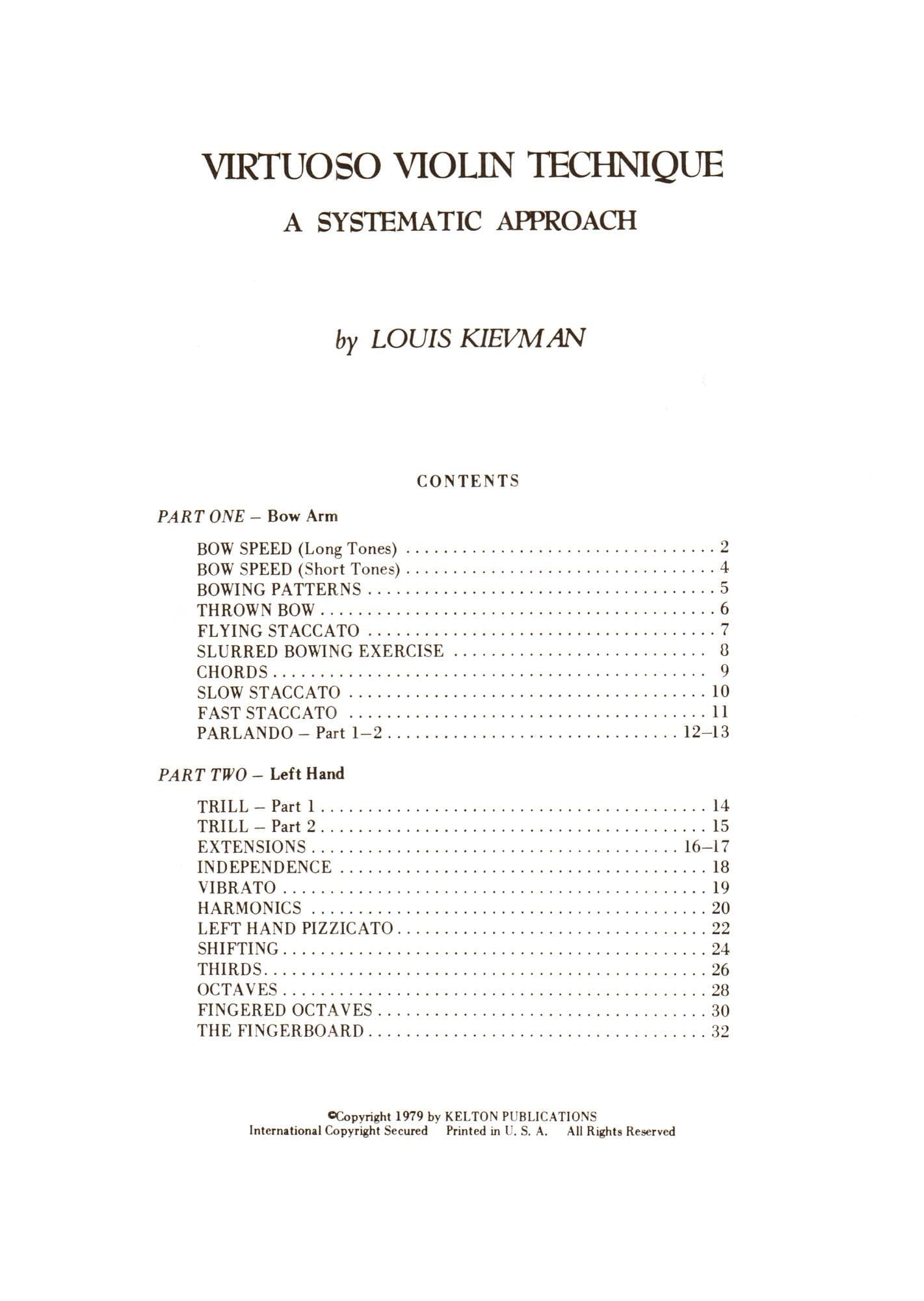 Virtuoso Violin Technique, A Systematic Approach - for Violin - by Louis Kievman - Kelton Publications