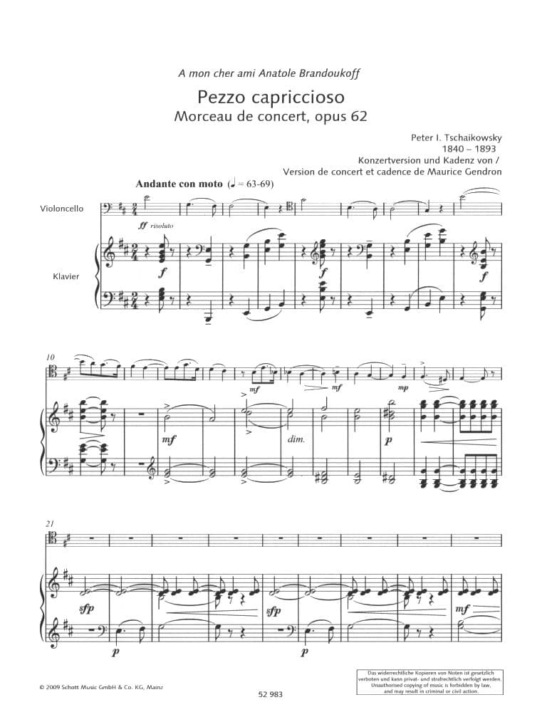 Tchaikovsky, PI - Pezzo Capriccioso, Op 62 - Cello and Piano - edited by Gendron and Grimmer - Schott