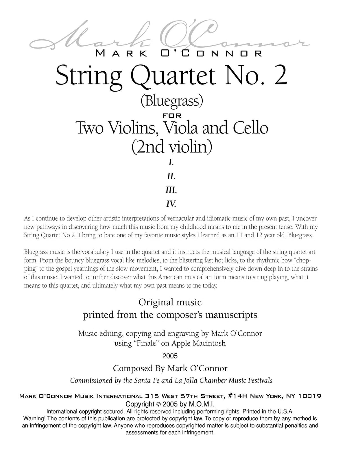 O'Connor, Mark - String Quartet No. 2 (Bluegrass) for 2 Violins, Viola, and Cello -Violin 2 - Digital Download