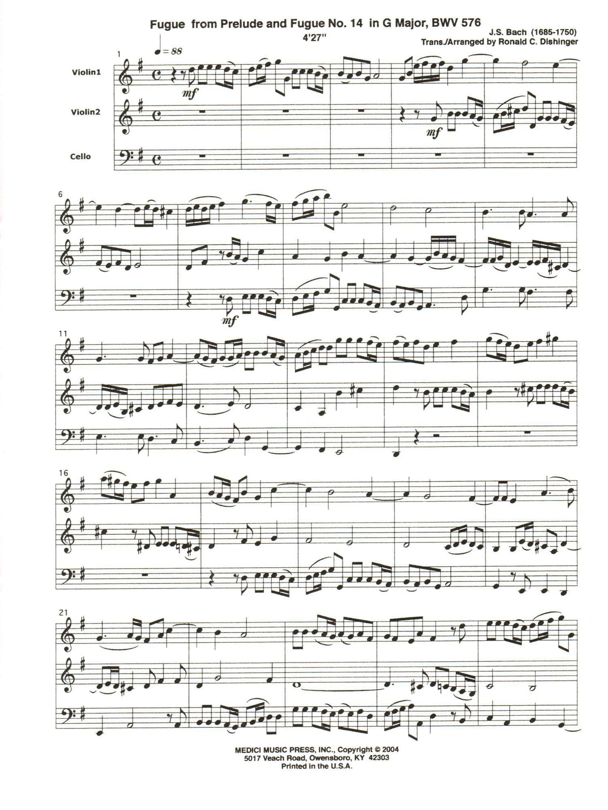 Bach, J.S. - Fugue from Prelude and Fugue in G Major (BWV 576) - for Two Violins and Cello - arranged by Dishinger - Medici Music Press