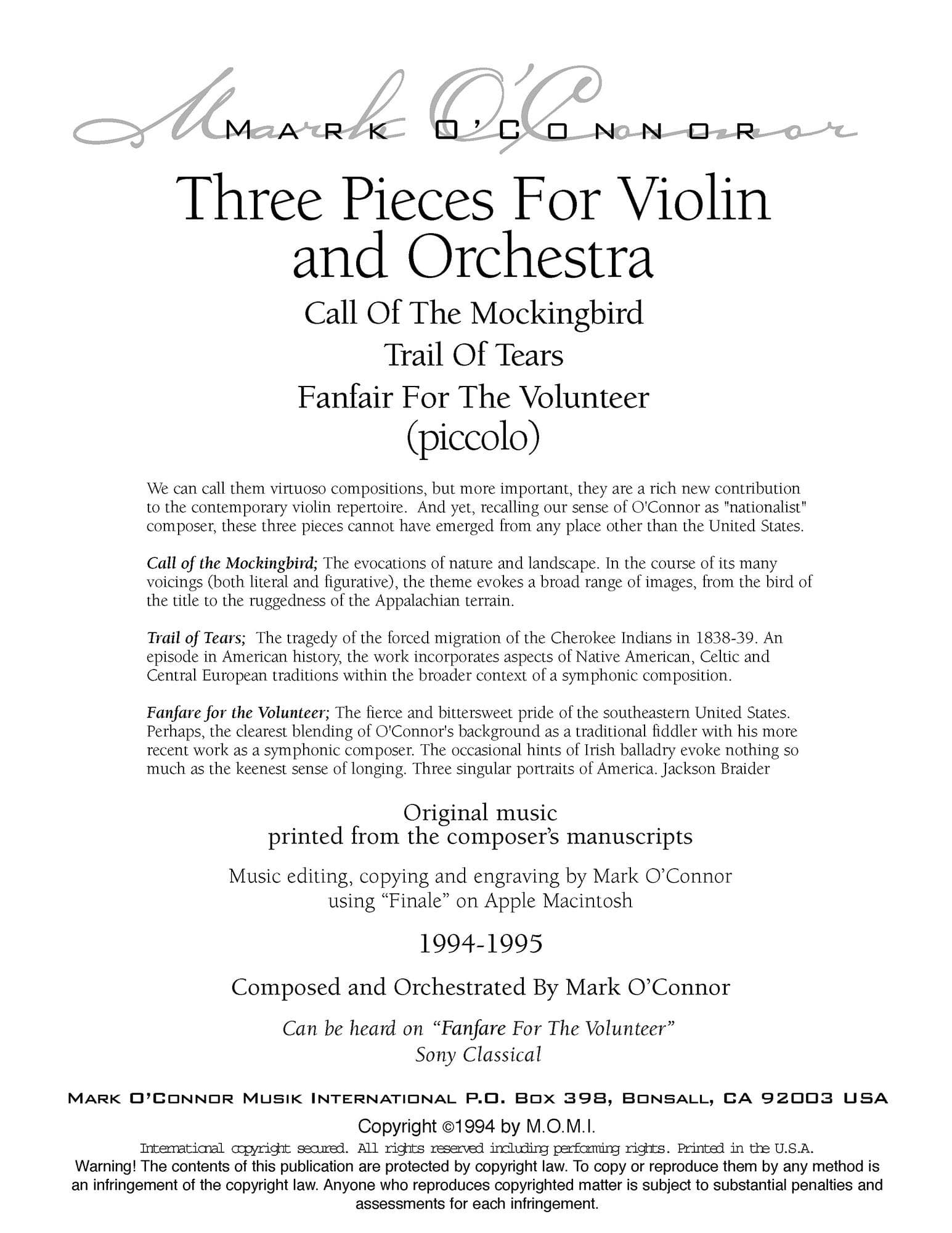 O'Connor, Mark - Three Pieces for Violin and Orchestra - Winds - Digital Download