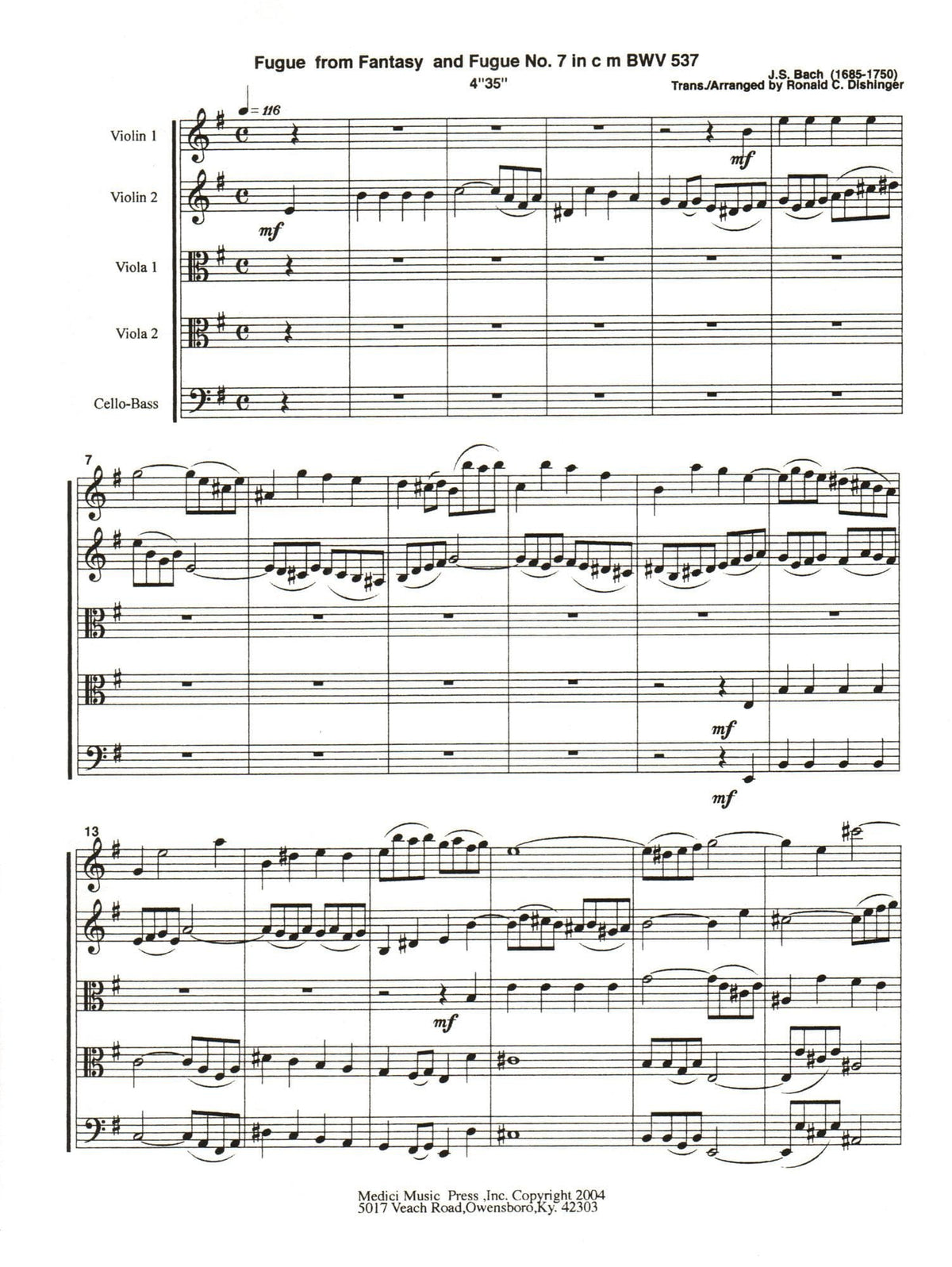 Bach, J.S. - Fugue from Fantasy and Fugue No. 7 (BWV 537) - for String Quintet - arranged by Dishinger - Medici Music Press