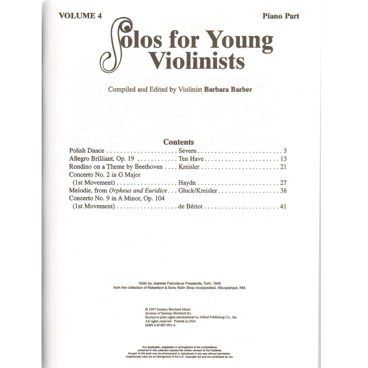 Solos for Young Violinists Volume 4 for Violin and Piano by Barbara Barber - Summy-Birchard Publication