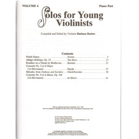 Solos for Young Violinists Volume 4 for Violin and Piano by Barbara Barber - Summy-Birchard Publication