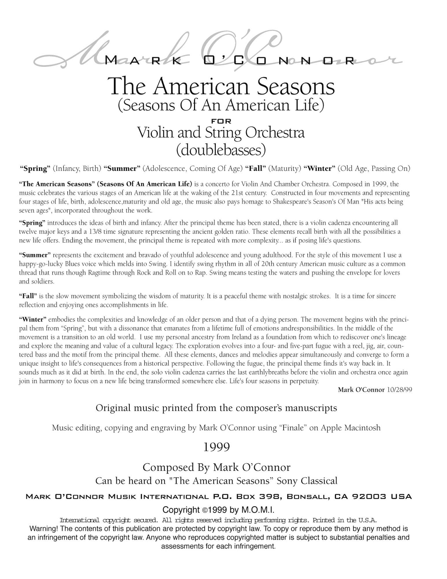 O'Connor, Mark - American Seasons for Violin and String Orchestra - Basses - Digital Download