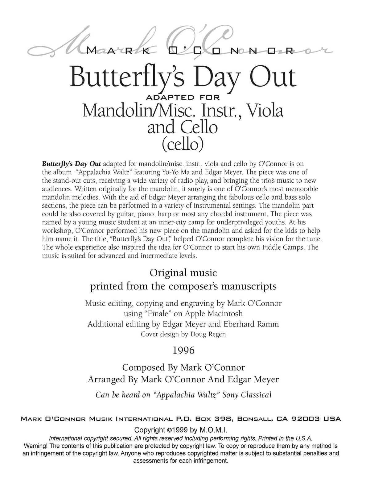 O'Connor, Mark - Butterfly's Day Out for Mandolin, Viola, Cello - Cello - Digital Download