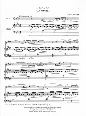 Barber, Samuel - Canzone Op 38a for Violin and Piano - Schirmer Edition