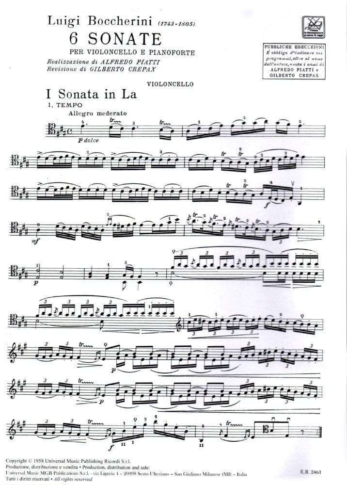 Boccherini, Luigi - 6 Sonatas for Cello and Piano - Ricordi Edition