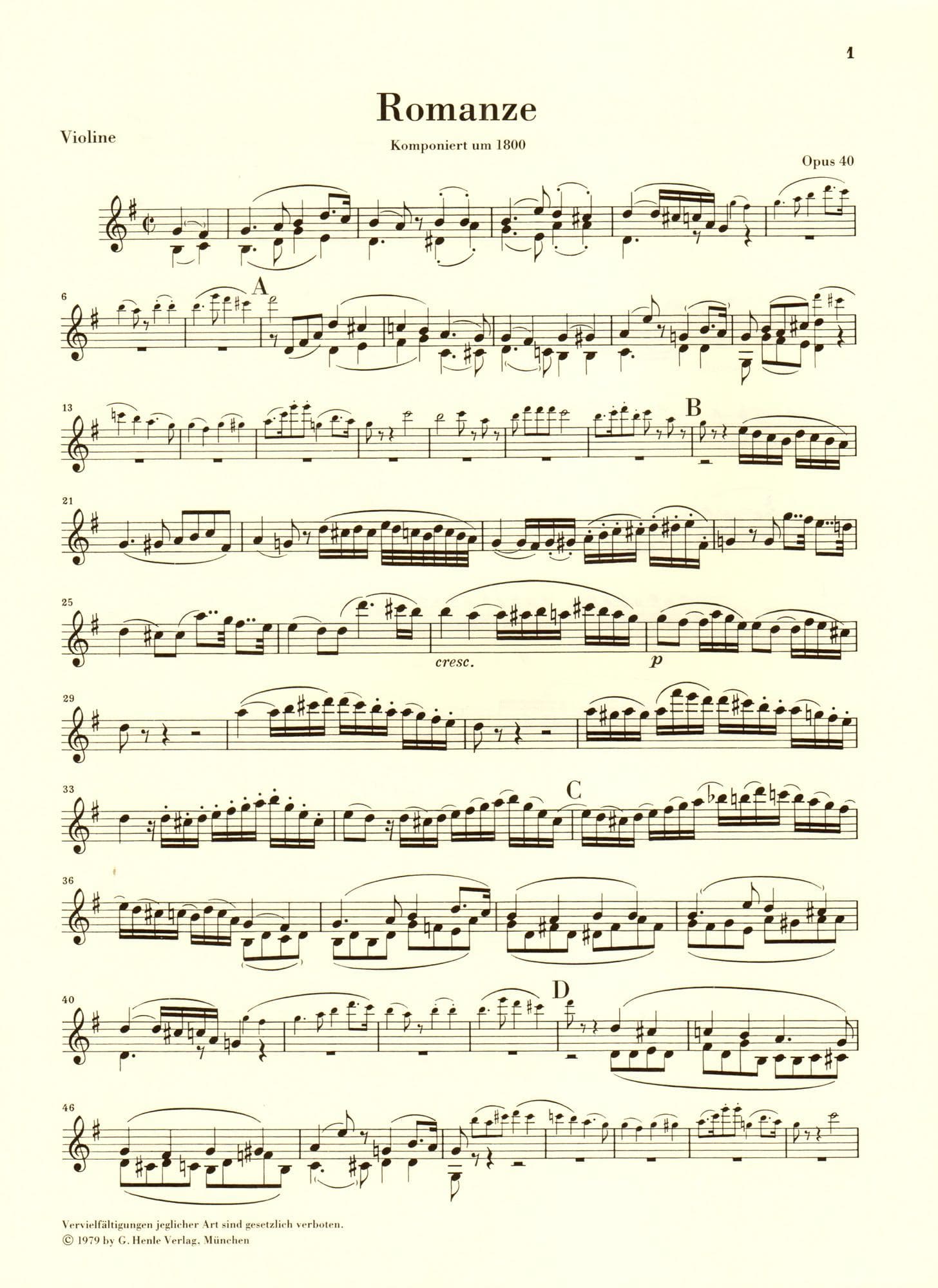 Beethoven, Ludwig - Two Romances, Op 40 and 50 - Violin and Piano - edited by Wolfgang Schneiderhan - G Henle Verlag URTEXT