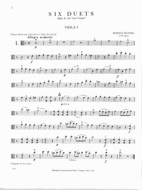 Pleyel, Ignace Joseph - Six Duets, Op 8, B 538-543 For Two Violas Edited by Paasch Published by International Music Company