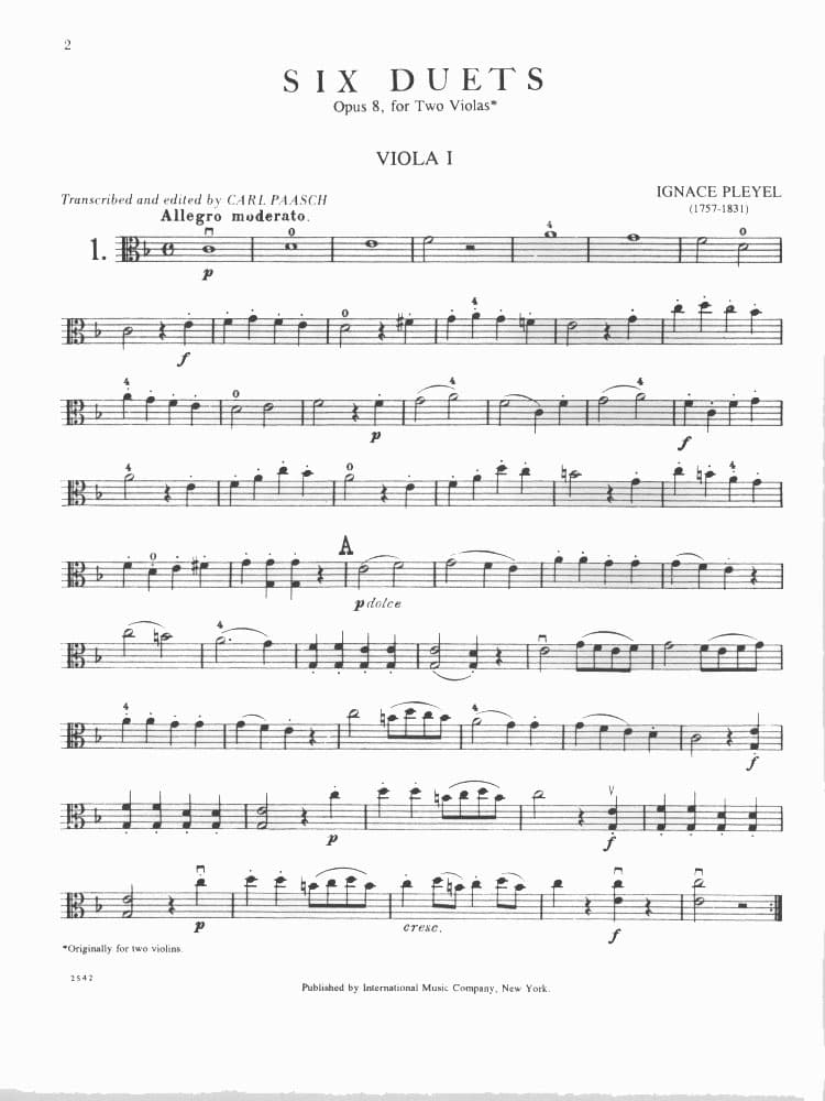 Pleyel, Ignace Joseph - Six Duets, Op 8, B 538-543 For Two Violas Edited by Paasch Published by International Music Company