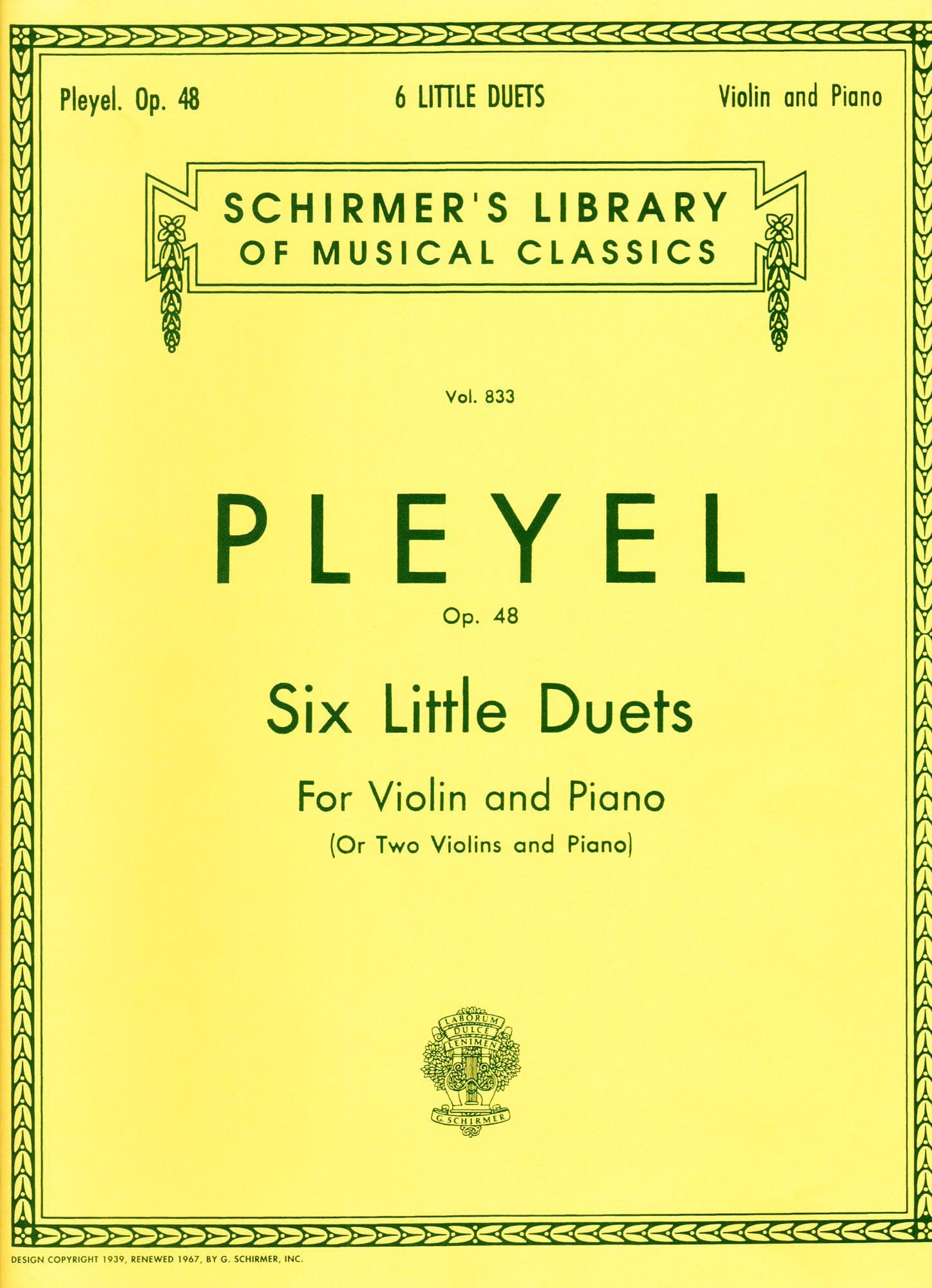 Pleyel, Ignace Joseph - Six Little Duets, Op 48, B 574-579 For Two Violins Published by G Schirmer