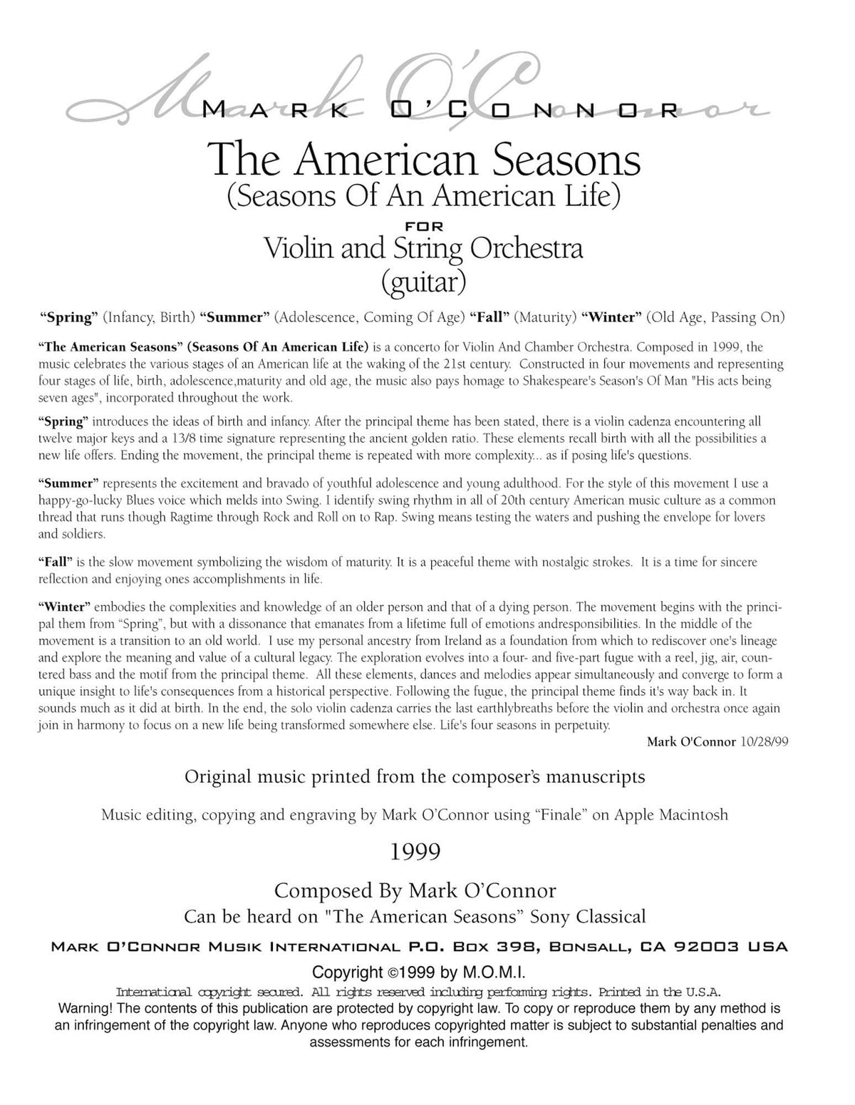 O'Connor, Mark - American Seasons for Violin and String Orchestra - Guitar - Digital Download