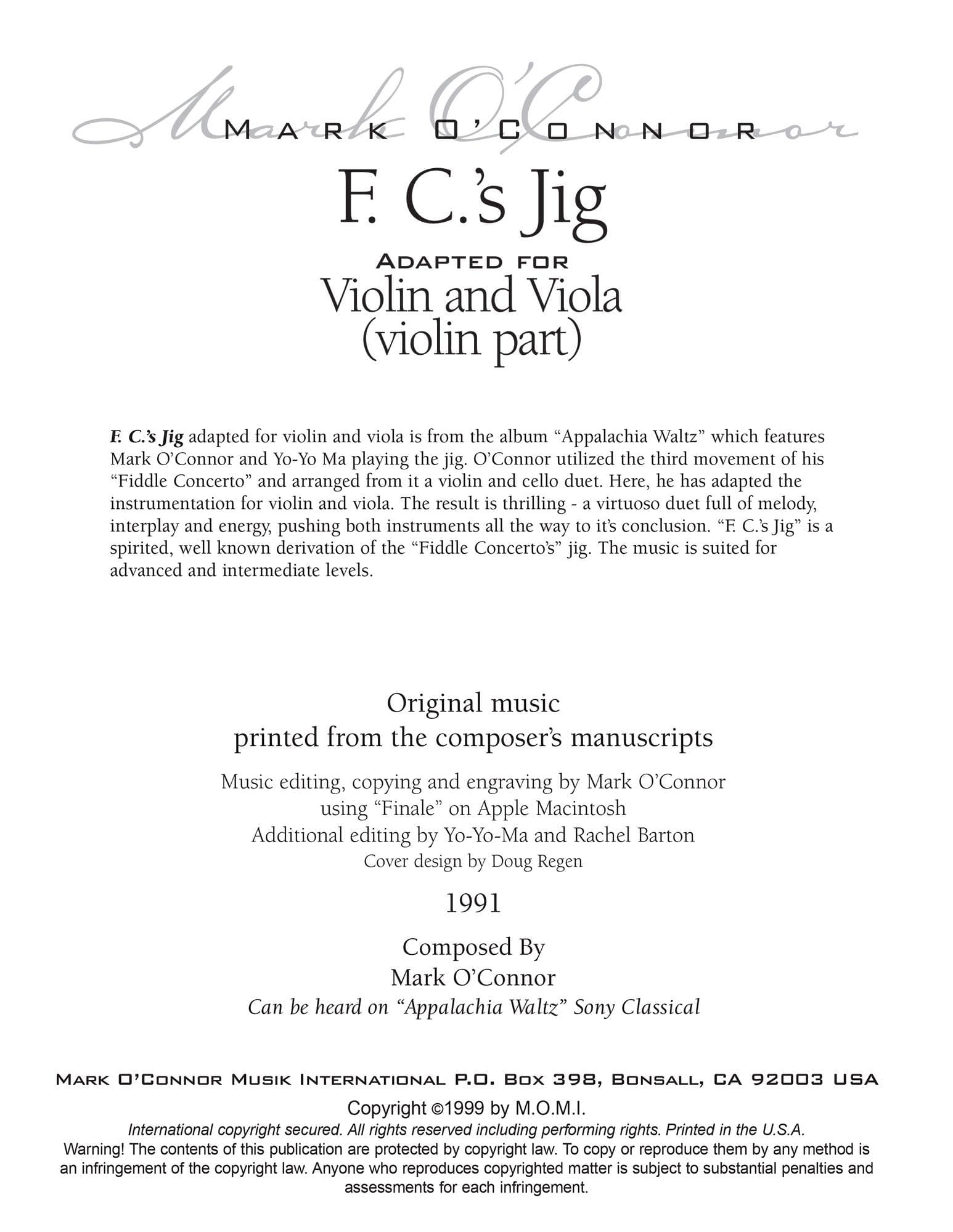 O'Connor, Mark - F.C.'s Jig for Violin and Viola - Violin - Digital Download