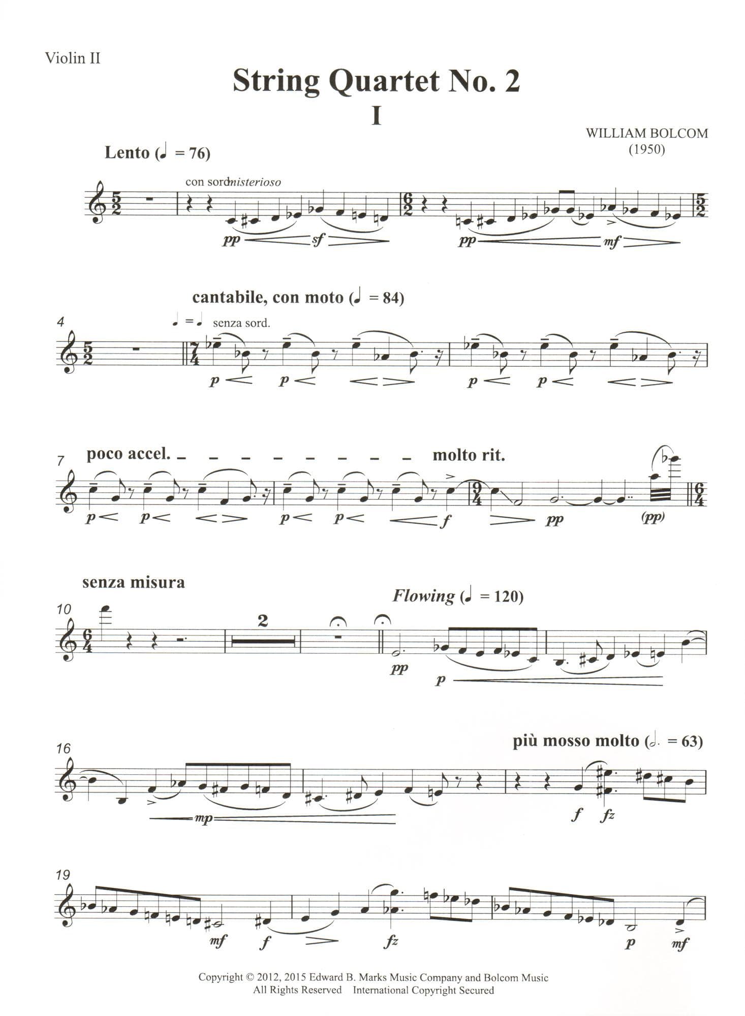 Bolcom, William - String Quartet No. 2 - Score and Parts - Edward B. Marks Music Company