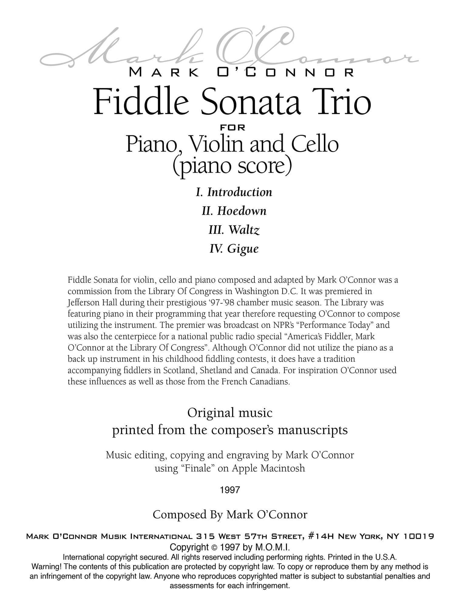 O'Connor, Mark - Fiddle Sonata Trio for Piano, Violin, and Cello - Score - Digital Download