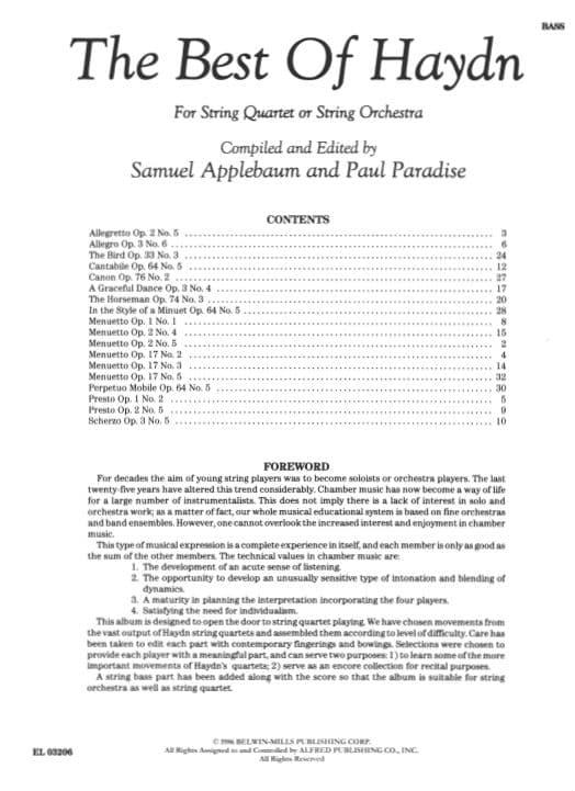 Haydn, Franz Joseph - The Best of Haydn - for String Quartet or String Orchestra - Bass part - edited by Samuel Applebaum and Paul Paradise - Belwin-Mills Publishing