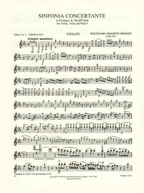 Mozart, WA - Symphonie Concertante in E-flat Major, K 364 - Violin and Viola with Piano - edited by Joseph Hellmesberger - International Music Co