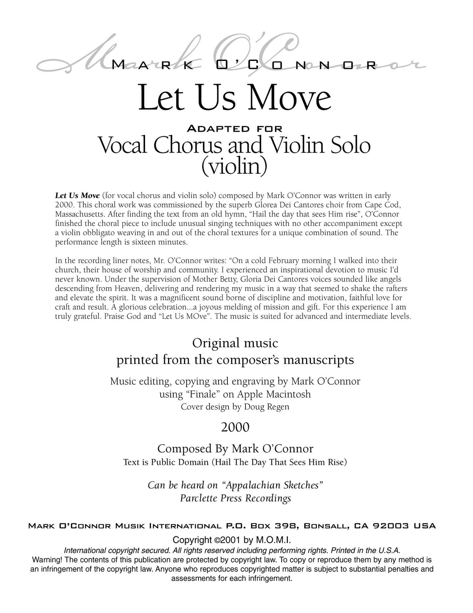 O'Connor, Mark - Let Us Move for Choir and Violin - Violin - Digital Download