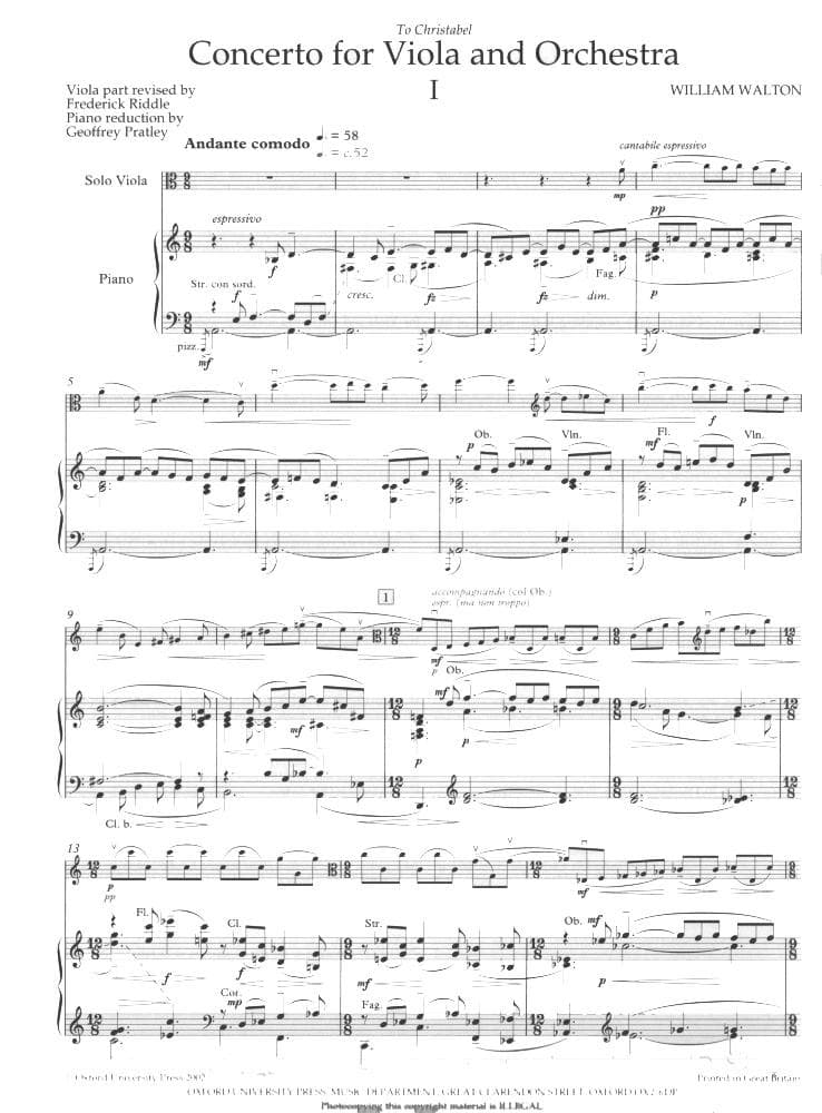 Walton, William - Concerto For Viola ( 1929 Revised 1962 ) With Piano Reduction Published by Oxford University Press