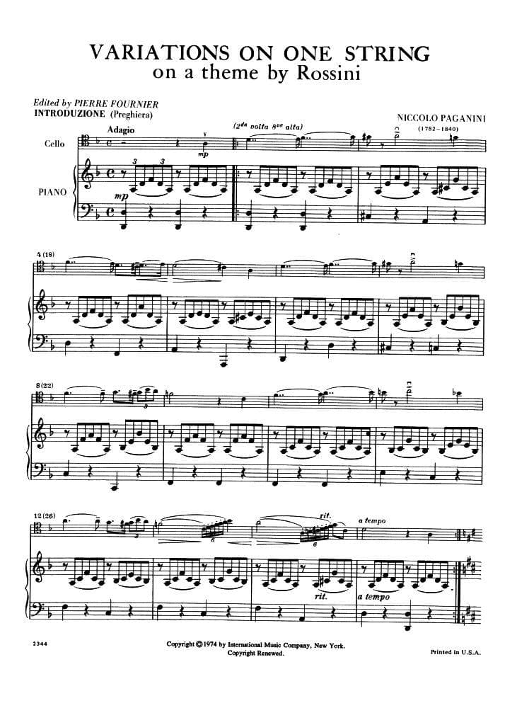 Paganini, Niccolò - Variations on One String on a Theme by Rossini ("Moses") - Cello and Piano - edited by Pierre Fournier - Published by International Music Company