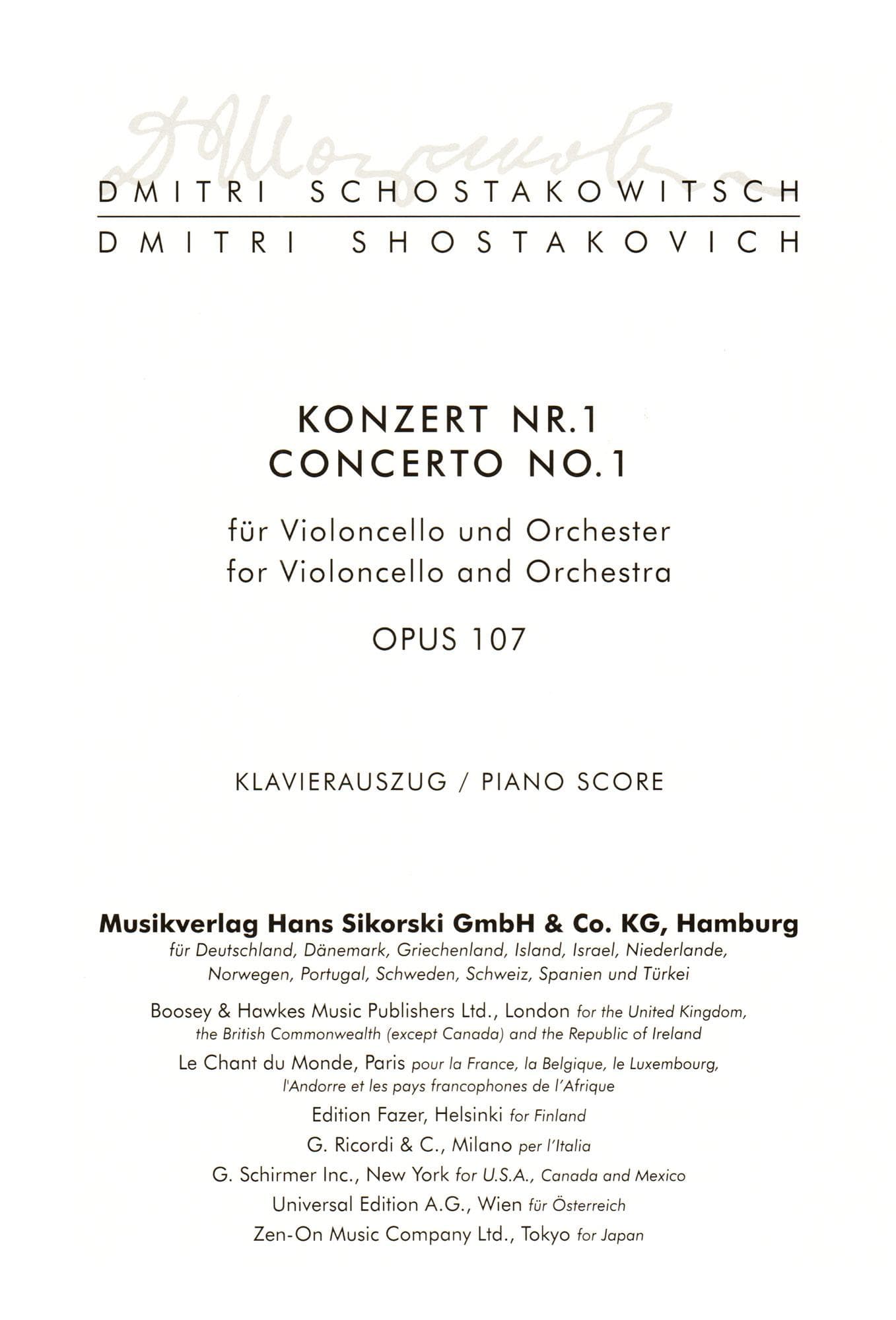 Shostakovich, Dmitri - Concerto No 1 in E flat Op 107 For Cello and Piano Published by Sikorski