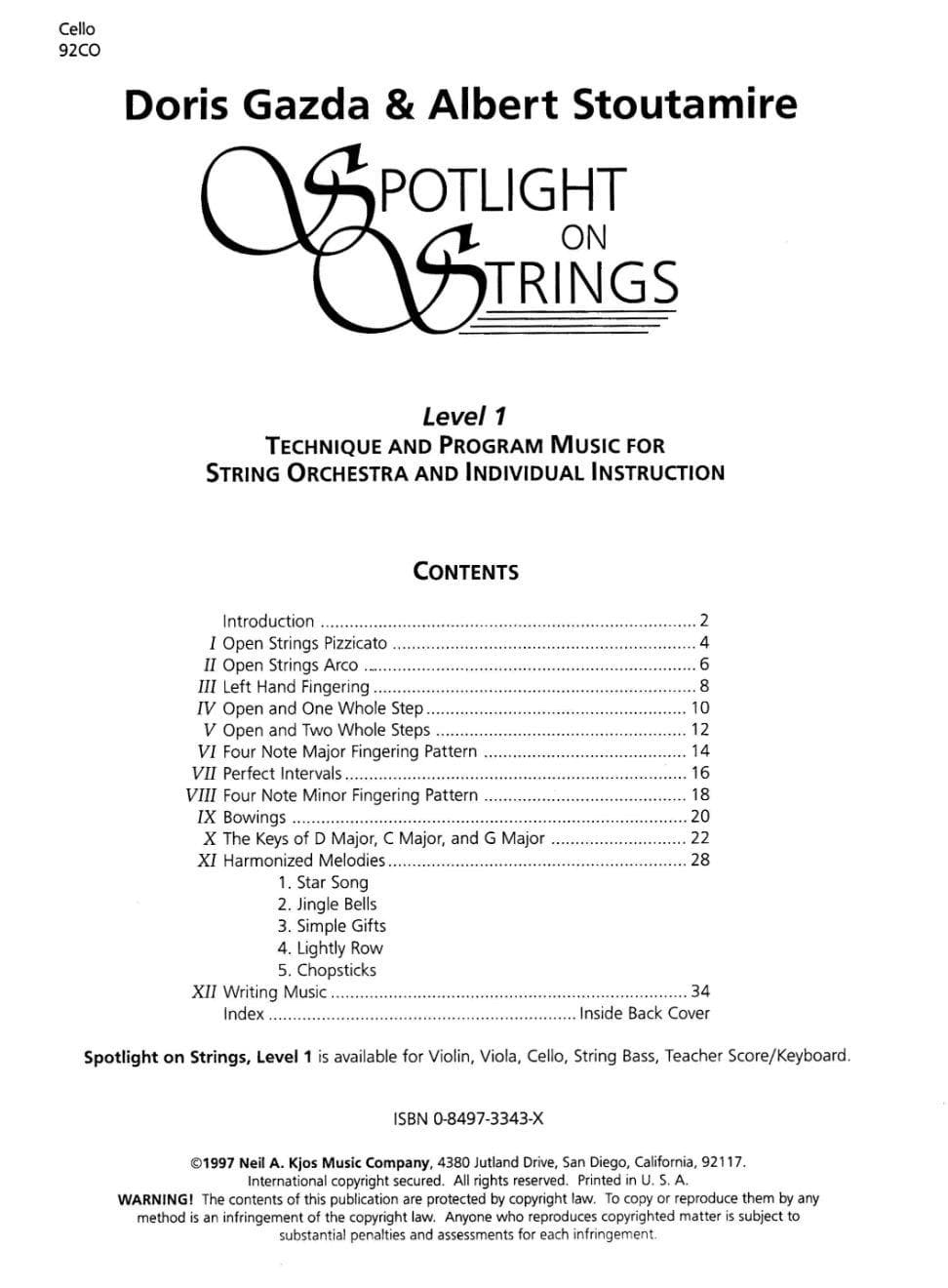 Gazda, Doris - Spotlight On Strings, Level 1 - Cello - Edited by Albert L Stoutamire - Published by Neil A Kjos Music Company